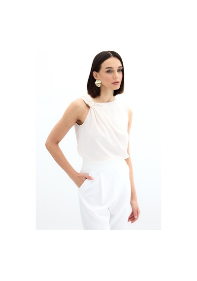 Sateen Tek Omuz Detaylı Bluz - Bej-136130 Bej