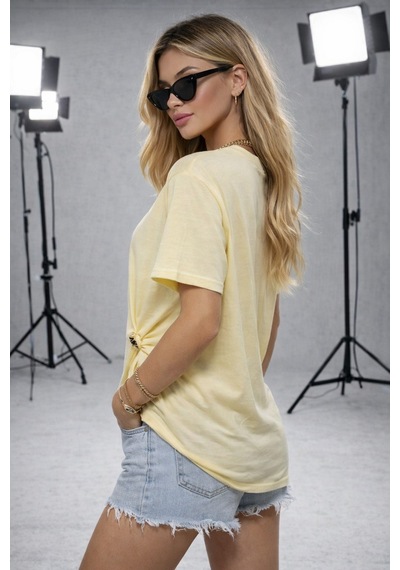 Ribana Kadın Bisiklet Yaka Kısa Kollu Gold Yan Toka Detaylı T-shirt 5035 Sarı
