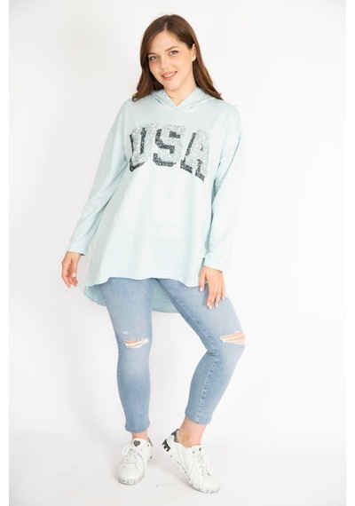 Şans Kadın Bebe Mavisi Büyük Beden Payet Detaylı Kapşonlu Arkası Uzun Sweatshirt-bebe Mavisi Bebek Mavisi