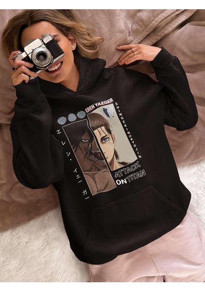 Sevbano Attack On Titan Eren Yeager Baskılı Unisex Oversize Anime Karakte Siyah