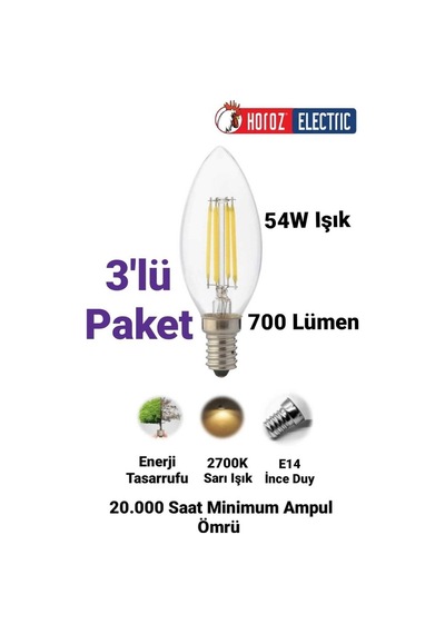 Horoz 6 Watt E14 Duylu Rustik Led Ampul Sarı Işık Avize Ampulu İnce Duylu Mum Ampul 700 Lümen