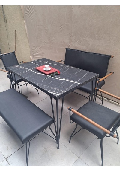 Masa Sandalye Tk 90605 Penyez Takım Model Metal Siyah Suni Deri Balkon-bahçe Siyah
