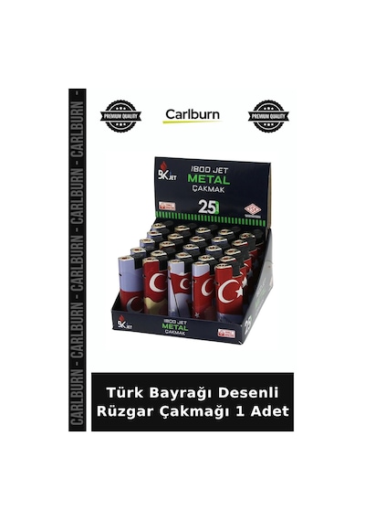 Türk Bayrağı Desenli Rüzgar Çakmağı 1 Adet Açık Alan Metal Gövde Sunum Çok Renkli