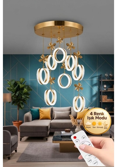 LumiaLighting Aurea Model 8'li Gold Kumandalı 3 Renk Modu Ledli Kristal Taşlı Modern Salon Mutfak Oturma Odası Led Avize Altın