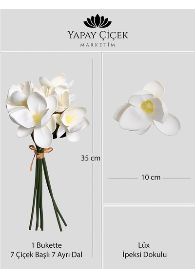 Beyaz Yapay Lüx Manolya Çiçeği Buketi 7 Dallı Gerçek Lateks Dokulu 35 Cm