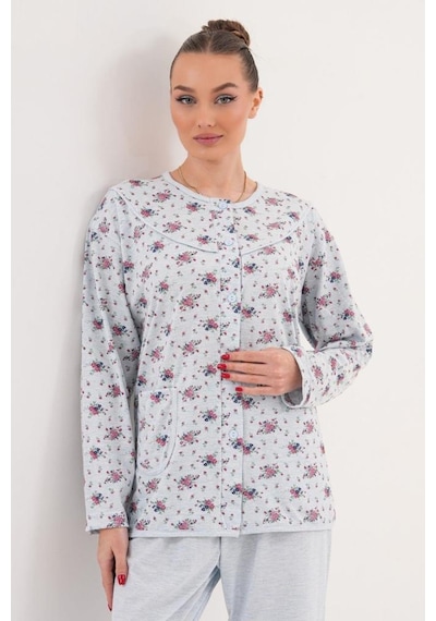 Mecit Pijama Mecit 6315 Mavi Kadın Boydan Düğmeli Büyük Beden Pijama Takımı Mavi