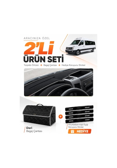 E-biz Volkswagen Crafter 2006-2014 Uyumlu Torpido Örtüsü + Deri Bagaj Çantası - Siyah-gri - Mb020