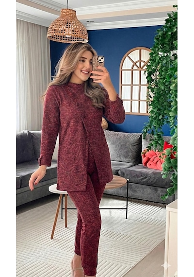 Mareandpanda Kadın Uzun Kollu Balıkçı Yaka Önden Düğmeli Bluz Ve Pantolon Yumoş Ikili Takım bordo
