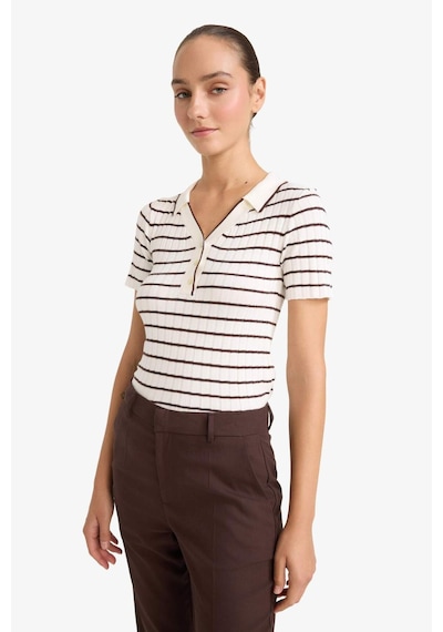 Defacto Fitted Polo Yaka Çizgili Kısa Kollu Triko Kazak G0471ax25auer105 Ekru