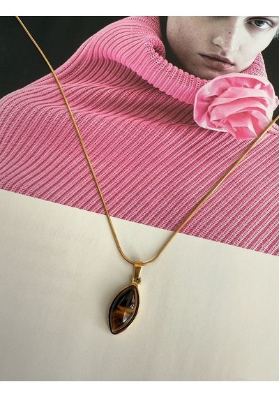 Oval Kahverengi Taşlı Kararmaz Çelik Kadın Gold Kolye Modern Ve Altın