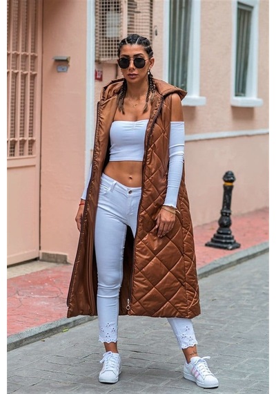 Veraura Lifestyle Kahverengi Kapüşonlu Cepli Baklava Desen Uzun Şişme Yelek