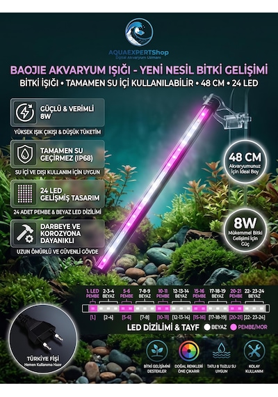 Baojie Akvaryum Işığı - Bitki Işığı - Balık Işığı - Tamamen Su Içinde Kullanılabilir - 24 Led - Pembe Beyaz - 48 Cm - Güçlü Aydınlatma - 8w