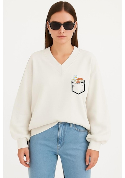 Benroma Cep Papatya Baskılı Ünisex V Yaka Sweatshirt Beyaz
