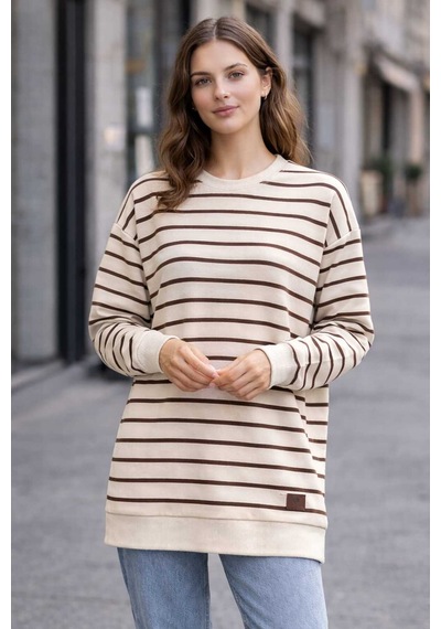 Tenra Oversize Geniş Kalıp Kadın Sweatshirt Bisiklet Yaka Basic Çizgili Kahverengi