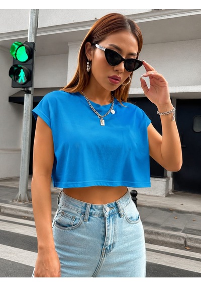 Bonnywıll Bonnywılll Bisiklet Yaka Düşük Kol Crop T-shırt Mavi