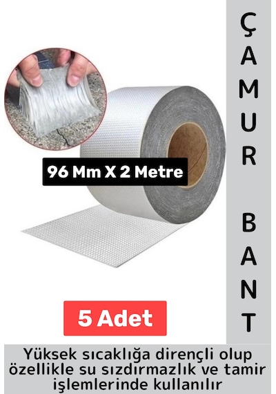 Ultra Güçlü Su Geçirmez Isıya Dayanıklı Alüminyum İzolasyon Tamirat 96 Mm X 2 Metre Çamur Bant 5 Adt