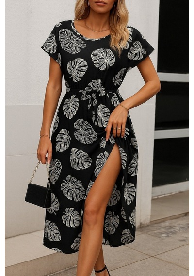 Efnaz Style Kadın Kısa Kollu Bisiklet Yaka Desenli Kuşaklı Örme Krep Midi Elbise