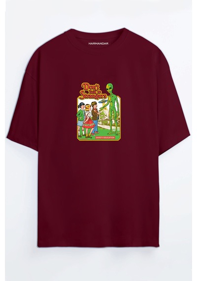 Dont Talk Strangers Uzaylı Unisex Siyah - Beyaz Oversize T-shirt Bordo