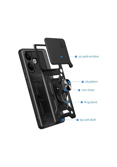 Vivo V60 Lite Uyumlu Tank Kılıf Yüzüklü Standlı Extra Darbe Koruma Zırhlı Outdoor Kapak Siyah