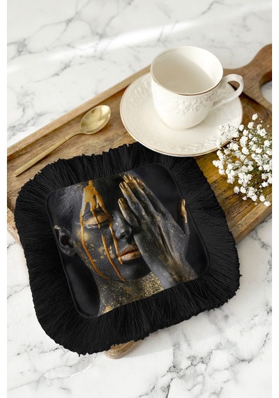 Lüks Modern Sanat Saçaklı Sunum Peçetesi - Sanatsal Portre Bohem Siyah Bardak Altlığı Mendil Soft Orman Mint