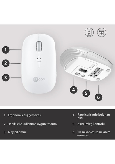 Ws211 Kablosuz 1600dpı 6 Tuşlu Çift Modlu Wifi + Bluetooth Şarj Edilebilir Sessiz Kompakt Optik Mouse Beyaz Genel