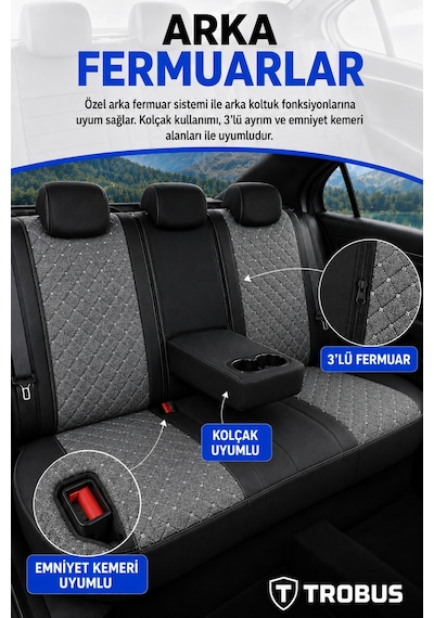 Renault Kangoo Combi 2008-2021 Uyumlu Softcotton Serisi Füme - Siyah Oto Koltuk Kılıfı