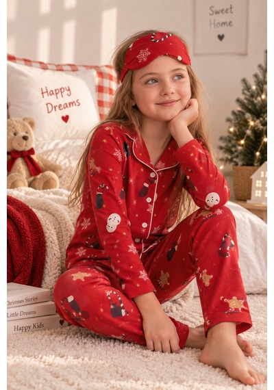 Free Beka Yılbaşı Desenli Uzun Kollu Önden Düğmeli Gömlek Yaka Kız Çocuk Pijama Takımı Kırmızı Free Beka Yılbaşı Desenli Uzun Kollu Önden Düğmeli Gömlek Yaka Kız Çocuk Pijama Takımı Kırmızı