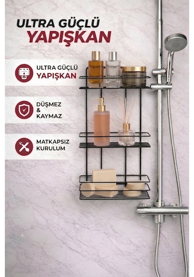 Sas Haus 3 Katlı Siyah Yapışkanlı Banyo Rafı, Şampuanlık Duş Düzenleyici, Paslanmaz Metal Banyo Duvar Askısı - TŞ-03