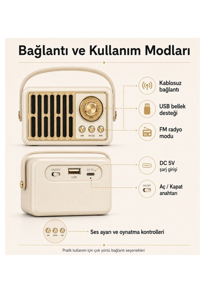 Retro Kablosuz Hoparlör Fm Radyo Usb Destekli Taşınabilir Askılı Şarjlı Bluetooth Speaker 5w