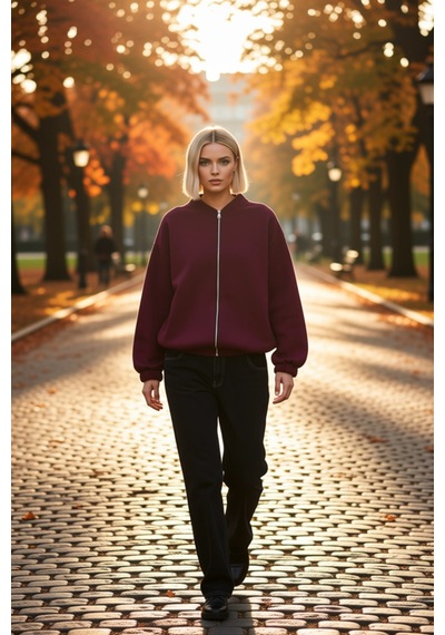 Benerly Kadın Bisiklet Yaka Düşük Kol Fermuarlı Oversize Kalın Örme Sweat Bordo