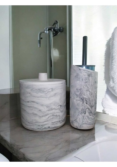 Mermer Desenli Beton Çöp Kovası Ve Wc Fırçalık Seti,dekorsayon,aksesuar Gri