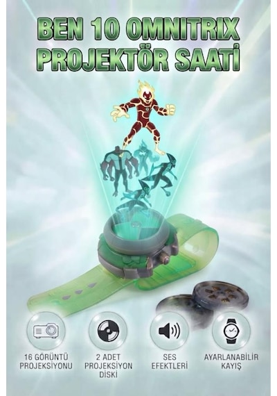 Ben10 Omnitrix Projektör Saat 16 Görüntü Projeksiyonlu Sesli Ayarlanabilir Kayışlı Kol Saati Oyuncak Ben 10