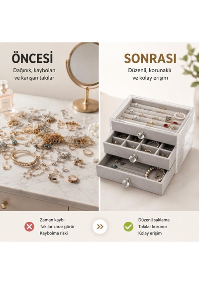Piev House By House 3 Katlı Takı Organizeri, Kolye Yüzük Küpe Bileklik Düzenleyici, Takı Standı Ve Saklama Kutusu, Krem