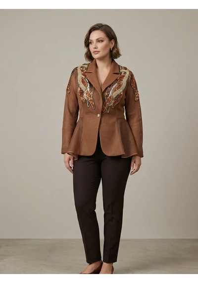 Crystalia Kanat Motifli Payet İşlemeli Peplum Blazer Ceket Kahverengi