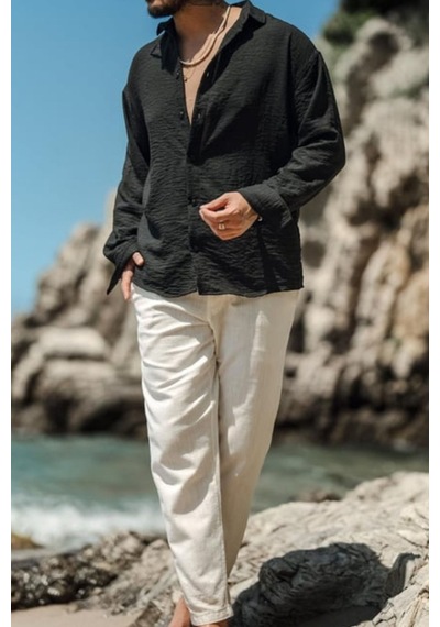 Cool Tarz Erkek Uzun Kollu Gömlek Yaka Keten Oversize Gömlek SİYAH