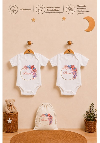 Pia Baby İsme Özel Kız Bebek Hediyesi 2'li %100 Pamuk Organik Baskılı Çıtçıtlı Body Zıbın Ve Ham Bez Kıyafet Kesesi 1037b2k3x Ekru