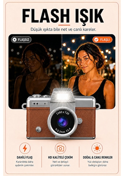 Solvis Mini Dijital Kamera Retro Tasarım Hd Video Selfie Çekim 180 Döndürülebilir Ekran Taşınabilir Kamera