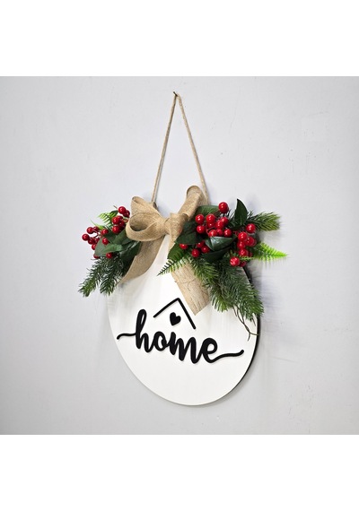 Kokina Ve Kozalak Çiçekli, Home Yazılı Kapı Süsü Beyaz