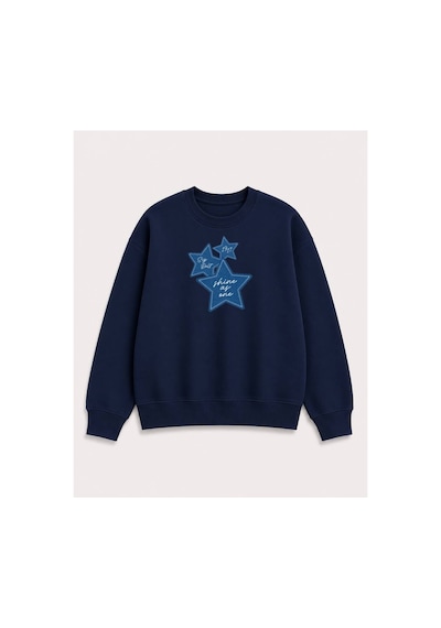 Herkesemoda Kot Efektli Yıldız Baskılı 2 İplik Şardonlu Bisiklet Yaka Sweatshirt Lacivert