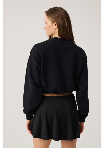 Los Ojos Siyah Geniş Kalıp Beli Büzgülü Crop Sweatshirt Cropped Pullover Siyah Siyah