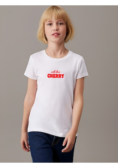 Uyguntarz Çocuk Cherry Baskılı Pamuklu Tshirt Beyaz