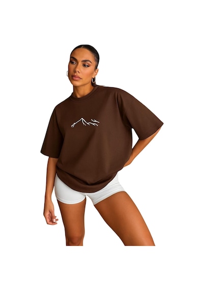 Dağ Baskılı Kadın Oversize Unisex Tişört Kahverengi