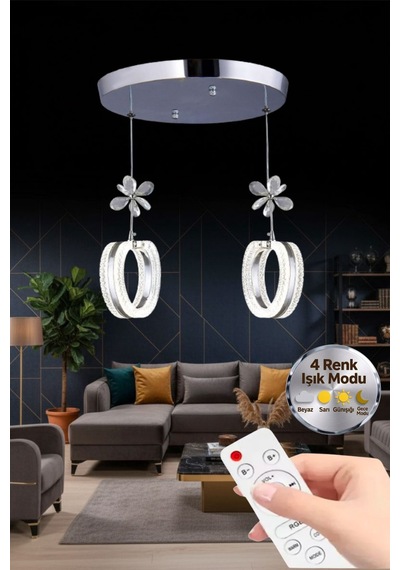 LumiaLighting Aurea Model 2 Li Kumandalı Kristal Taşlı Gümüş 3 Renk Modu Ledli Salon Mutfak Oturma Odası Sarkıt Led Avize