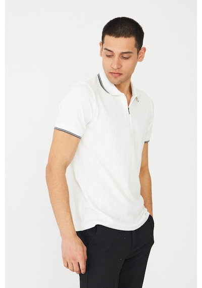 Beyaz Fermuarlı Polo Yaka Erkek T-shirt Beyaz