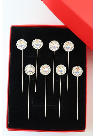 Numetal 8 Li Ekru Kristal Taşlı Eşarp İğnesi. Şal İğnesi. Türban İğnesi. Başörtü İğnesi. Eşarp Ve Şal İğnesi Gümüş