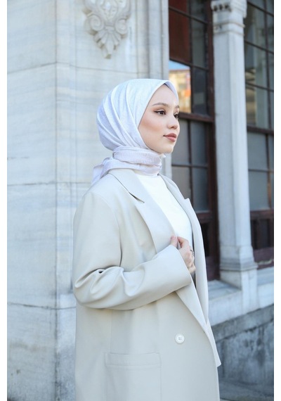 Eşarp - Premium Lux Original Monogram Eşarp İpek Vual, Yüksek Kalite, Hafif, Rahat, Şık, Scarf Krem