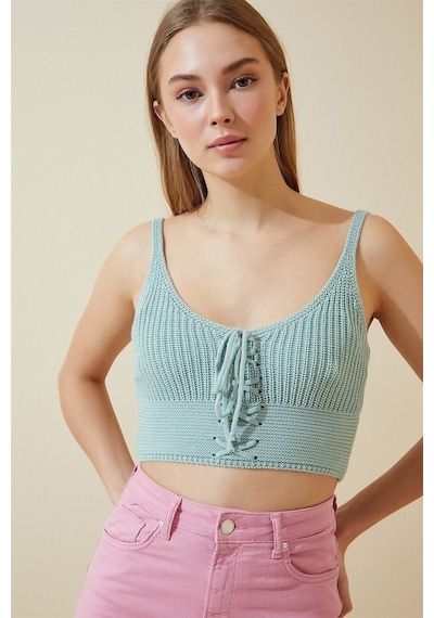 Aqe Fashion Kadın Mint Yeşili Önü Bağcıklı Bluz-Mint Yeşili