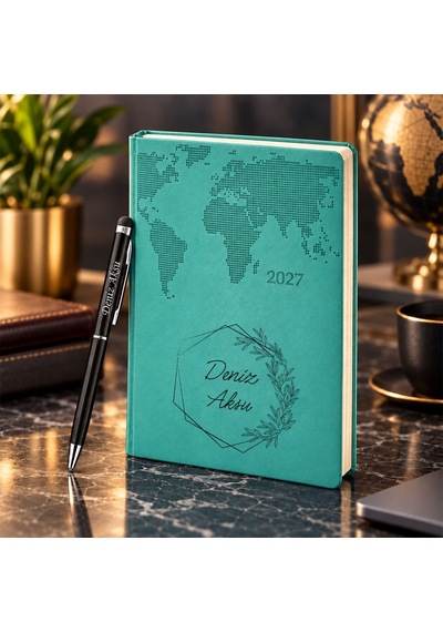 Bk Gift Kişiye Özel 378 Termo Deri Tarihli Ajanda & Siyah Touch Pen Tükenmez Kalem-9 Turkuaz
