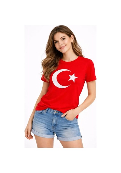 Defymoda T-shirt Kısa Kol Bisiklet Yaka Ay Yıldız Bayrak Baskılı Tişört - Kırmızı