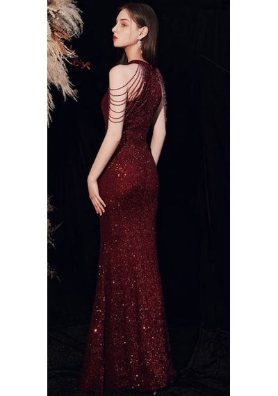 Hanife Glam Couture Hanife Glam Halter Yaka Taş Tasarımlı Pul Payet Abiye Elbise Bordo